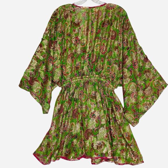 Miss June Paris Mini Dress Tunic Cover Up Green Gold Kimono Sleeve Beach Resort - Picture 2 of 8